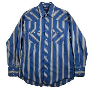 90s Wrangler Western Pearl Snap Shirt Blue Striped USA Made 16-34 Large
